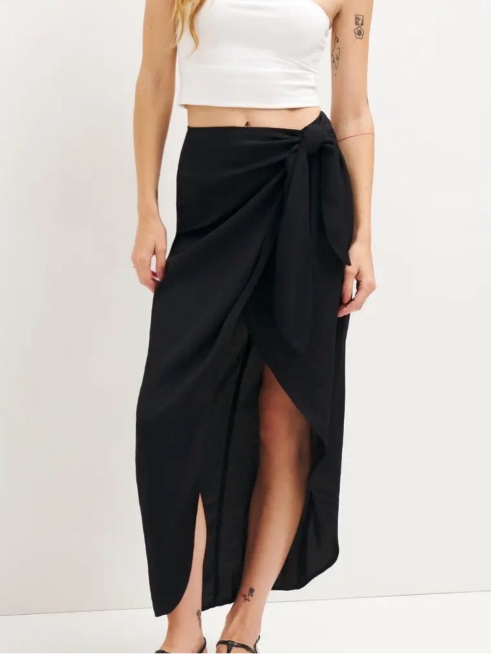 Reformation Julep Linen Blend Wrap Midi Skirt XL Black High Rise Tie Front Slit